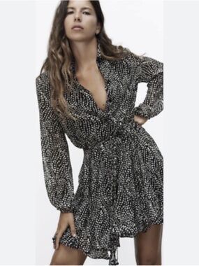 Zara Women’s Black Long-Sleeve Dot Print Shirt Dress